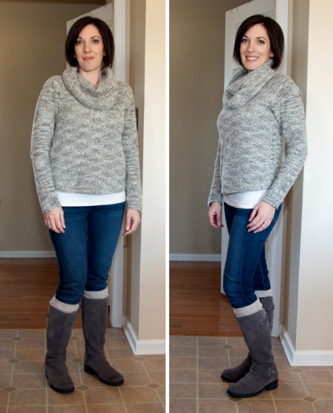 oatmeal cowl sweater, jeans and gray uggs with boot socks