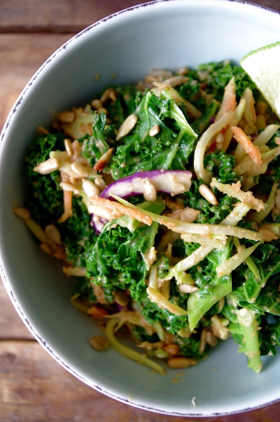 Kale & Broccoli Slaw Rice Bowl with a Spicy Thai Peanut Sauce