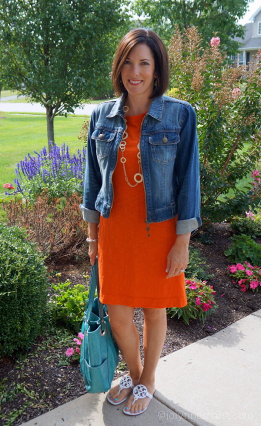 casual-orange-dress-with-denim-jacket