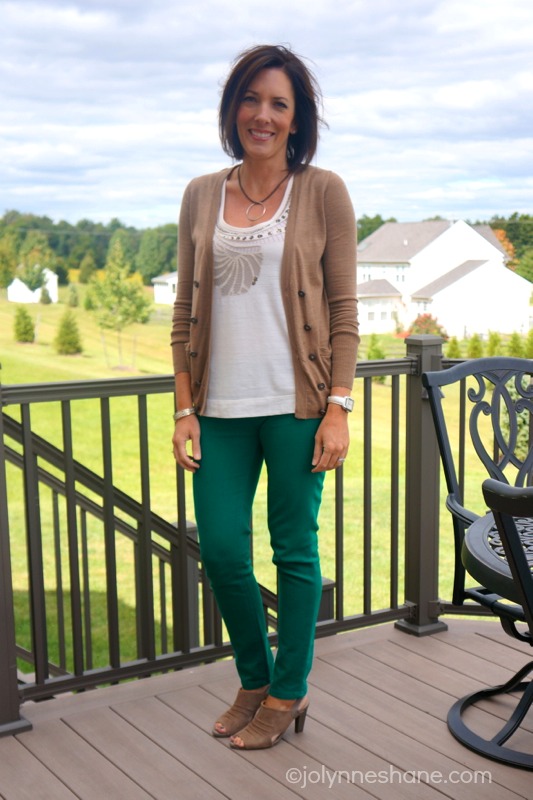 green jeans with taupe