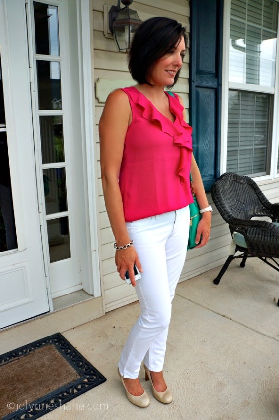 Pink Ruffle Blouse with White Jeans and Pumps