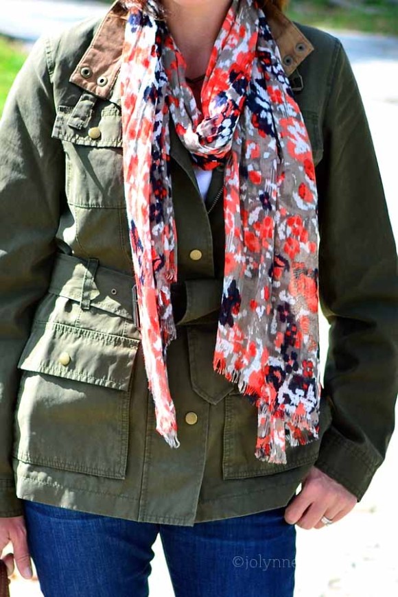 military green with coral/gray scarf