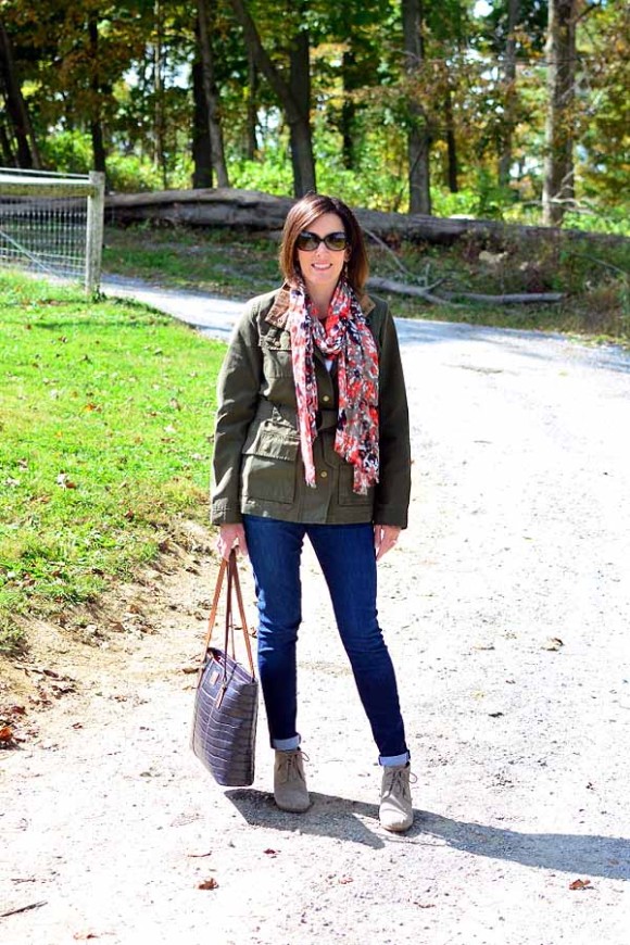 coral scarf and utility jacket