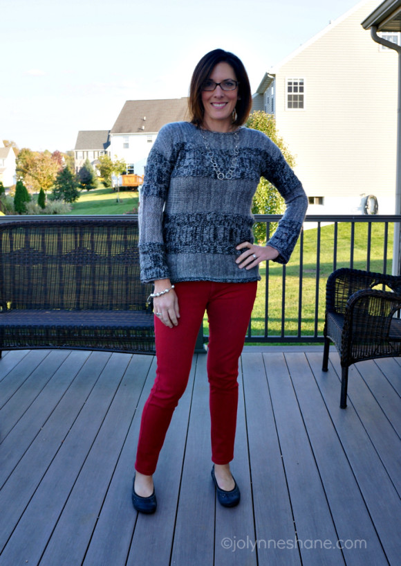 red jeans black sweater