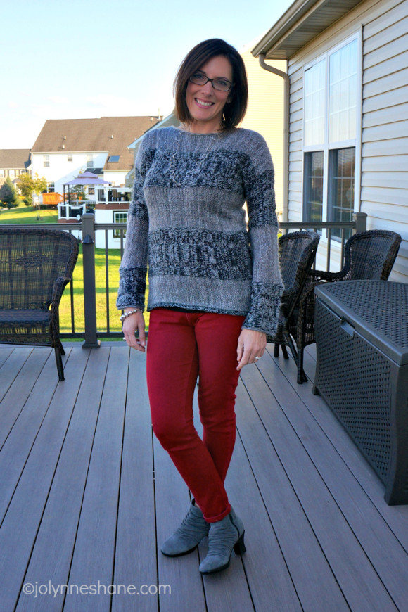 striped sweater red jeans booties
