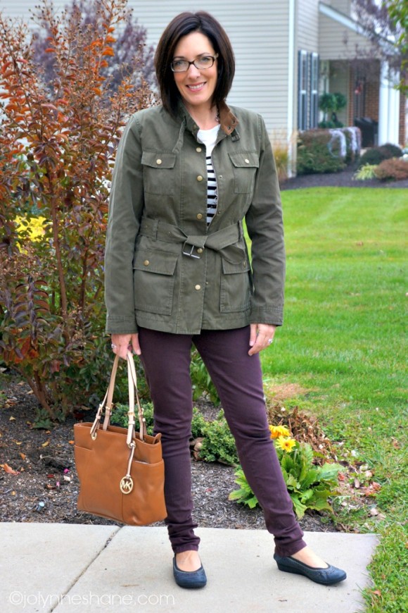 military jacket and plum jeans