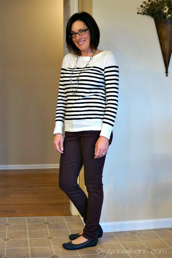 striped top and plum skinnies