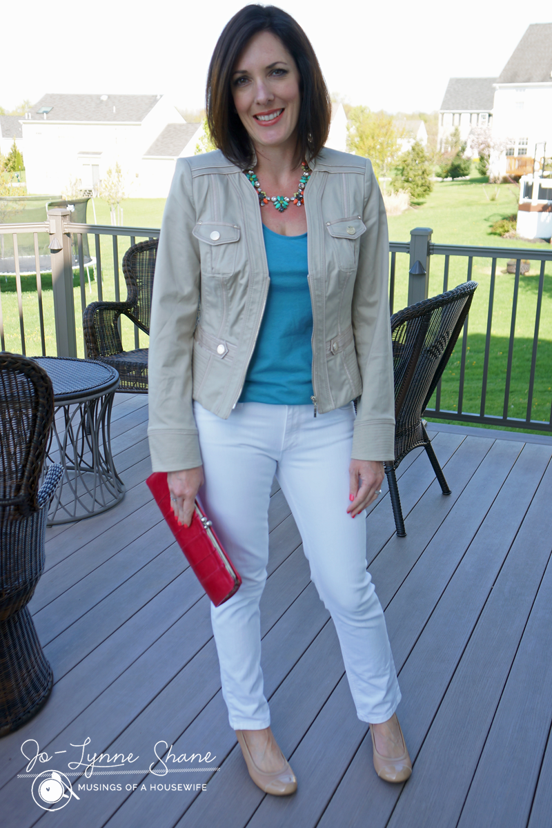 #ootd khaki jacket with white jeans and teal top