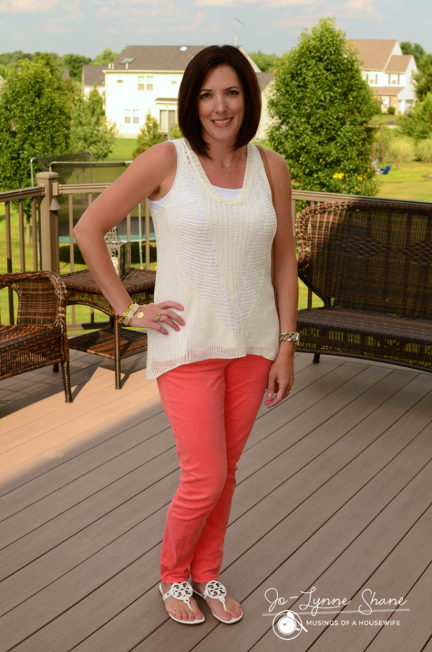 crochet tunic with coral jeans