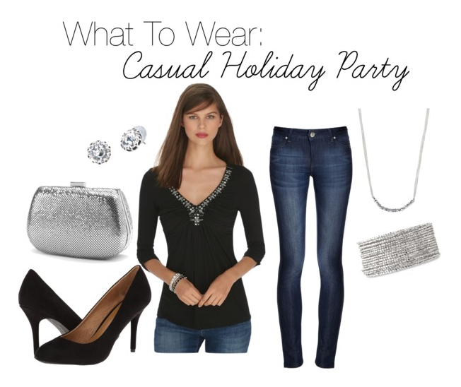 What to Wear to a Casual Holiday Party: dress up your favorite jeans with a festive top and heels!