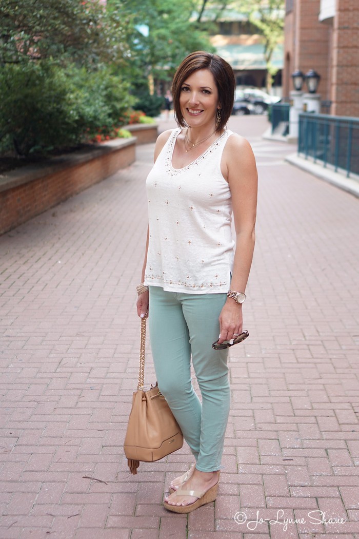 How to Wear Pastel Jeans: mint skinnies, embellished tank, wedge sandals with Lexi Bucket in Cuoio