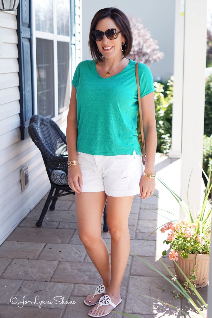 Easy Summer Outfit: Green Slouchy Linen Tee + White Boyfriend Shorts
