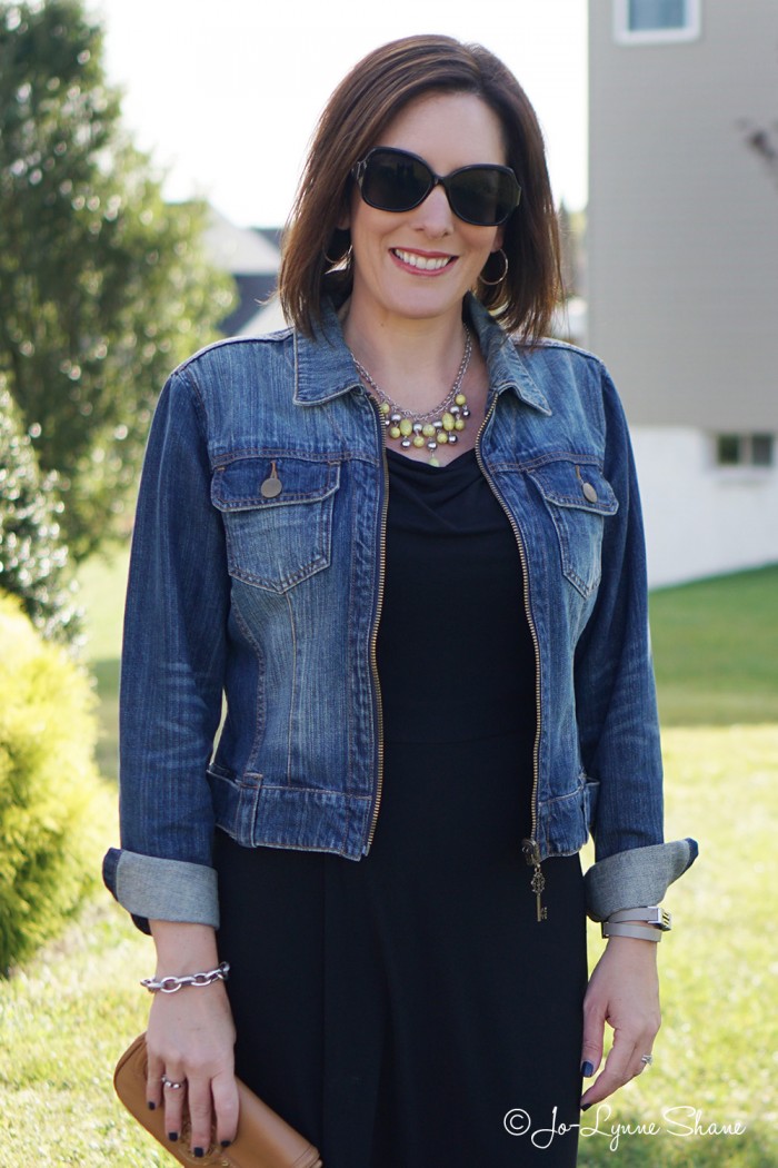 black dress with jean jacket and boots