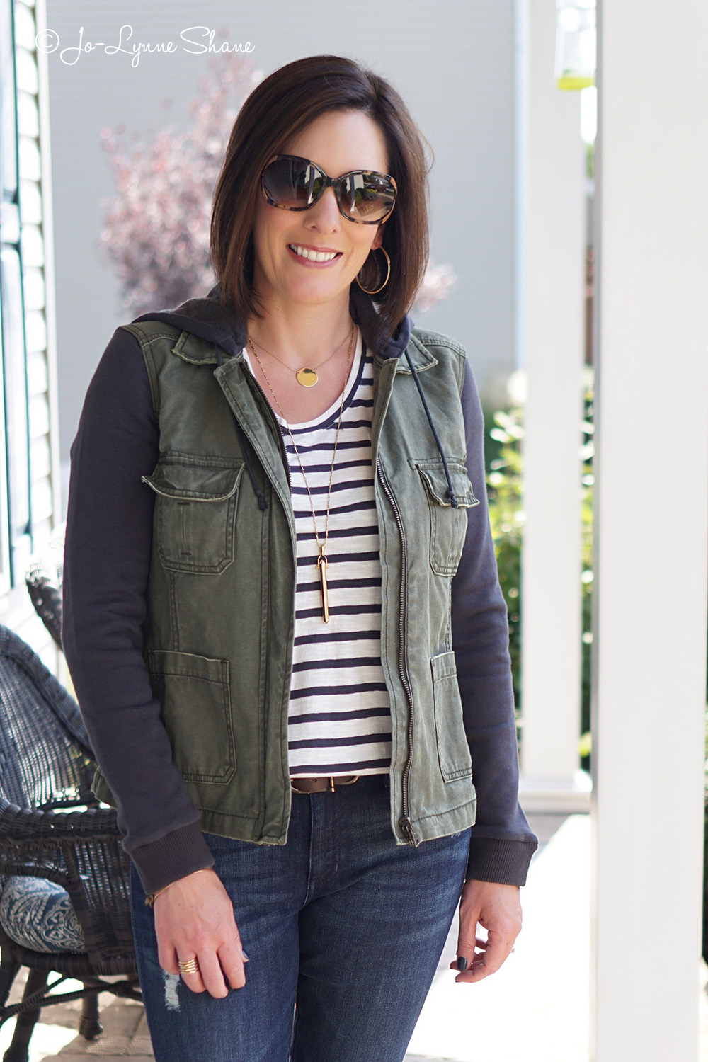26 Days of Fall Fashion: Layered Utility Jacket + Stripes + Distressed Jeans + Mushroom Ankle Boots