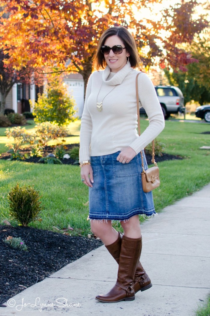 Fall Outfit Inspiration: Denim Skirt + Riding Boots | Jo-Lynne Shane