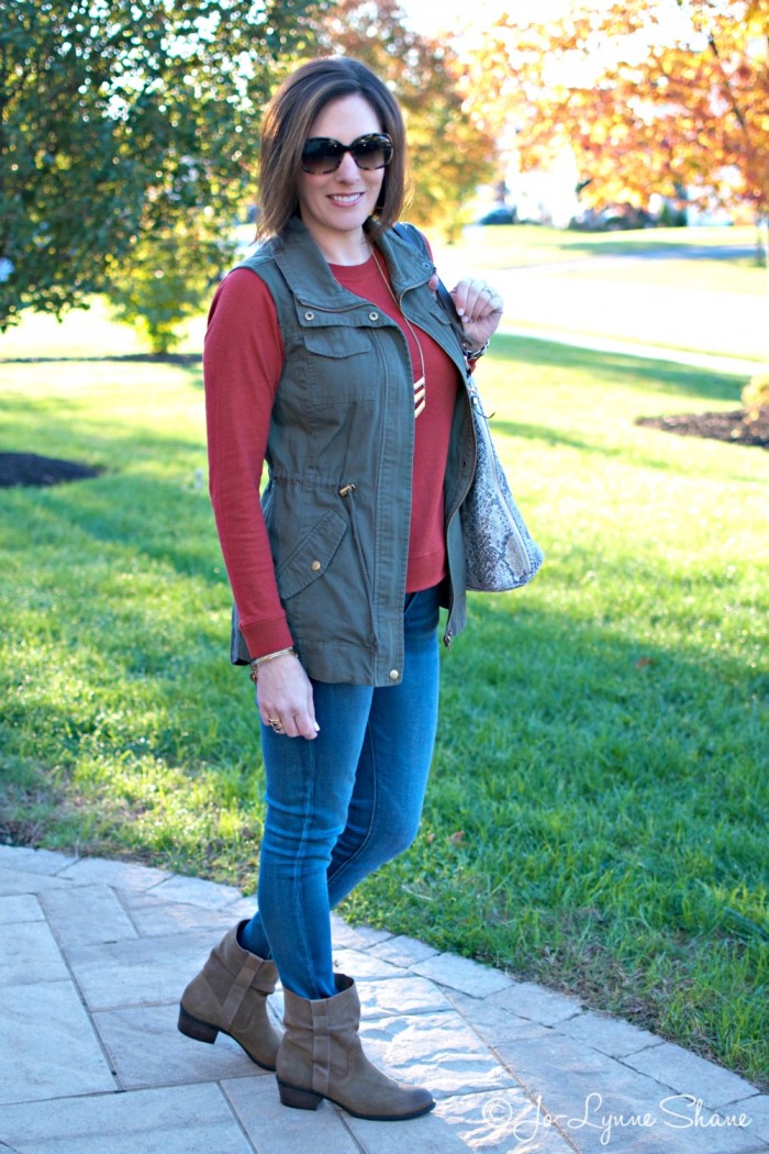 Olive Utility Vest + Brick Red Sweatshirt Tee | Jo-Lynne Shane