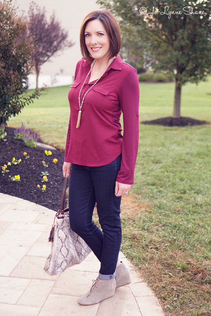 Fall Outfit: Mixed Media Top + Skinny Jeans + Ankle Boots