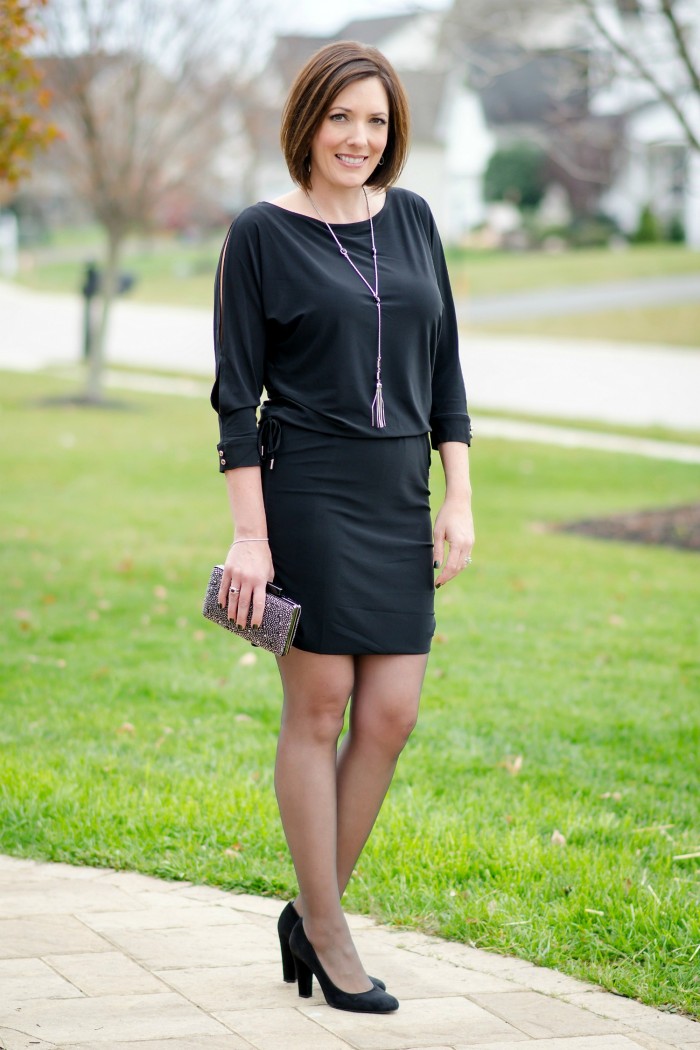 Valentine's Day Outfit: LBD with sheer black hose and black suede pumps