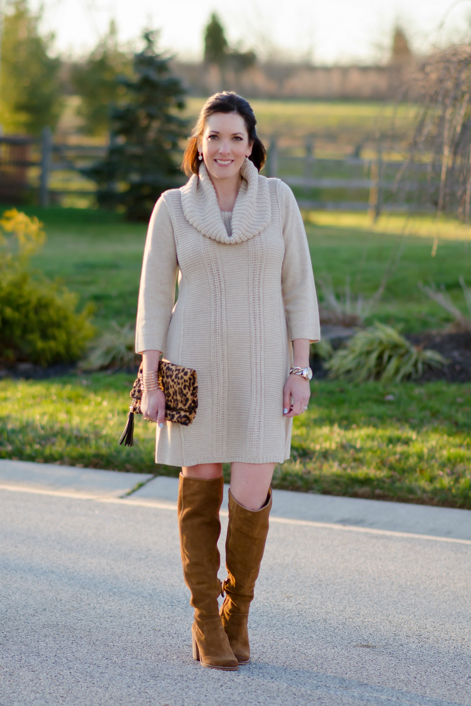 How to Wear a Sweater Dress, OTK Boots, over the knee boots, Dolce Vita Ohanna, Vince Camuto sweater dress, Jo-Lynne Shane, leopard clutch, Sole Society, Nordstrom, fashion blog, fashion over 40, cowl neck sweater dress, holiday outfit ideas, winter outfit ideas, Jo-Lynne Shane blog, Philadelphia mom blog, mom fashion