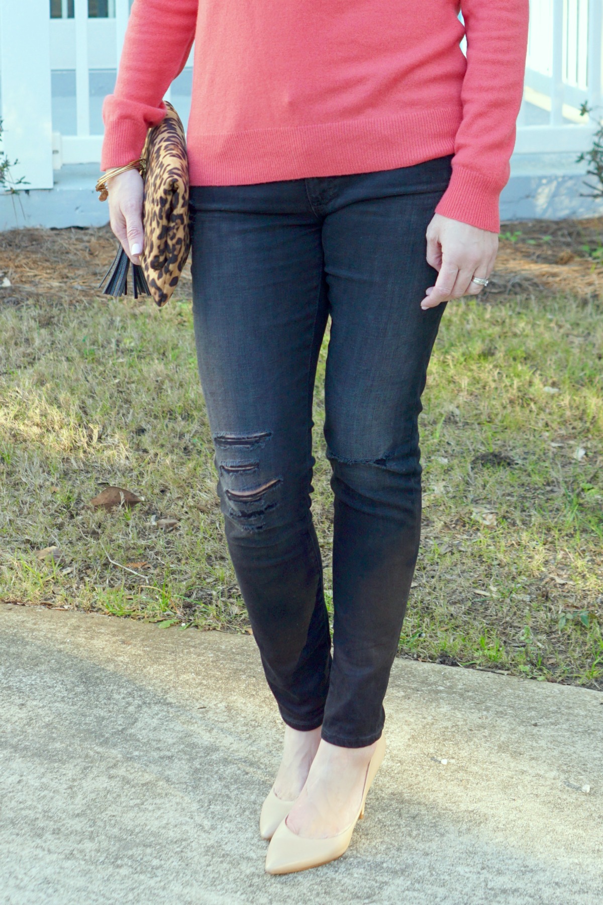 Fashion Over 40: Ann Taylor Cashmere Sweater, Ripped Jeans, AG Ankle Leggings in Twilight, leopard foldover clutch, Charles D Pact Pumps, nude pumps