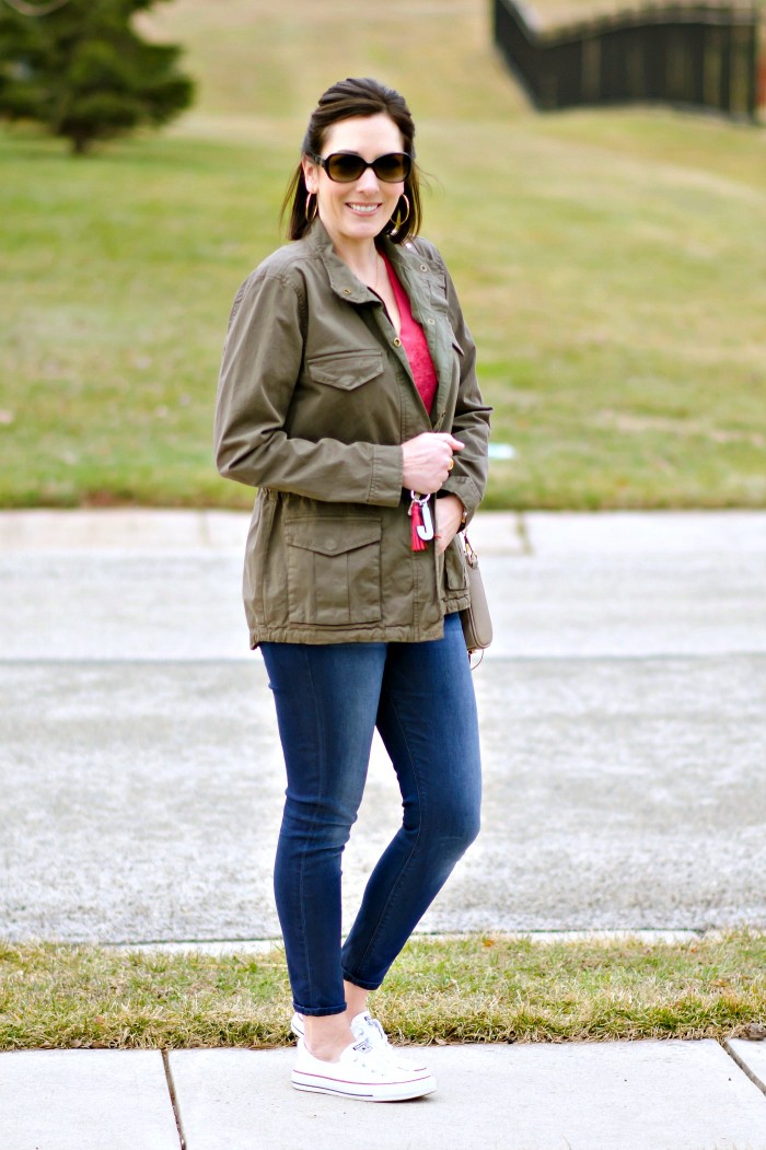 Spring Outfit Inspiration: Fatigue Jacket with V-Neck Tee & Converse