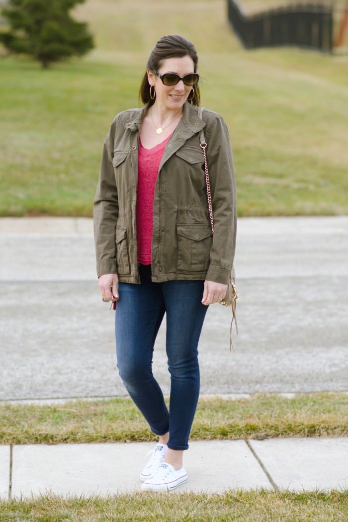 Spring Outfit Inspiration: Fatigue Jacket, V-Neck Tee, Converse