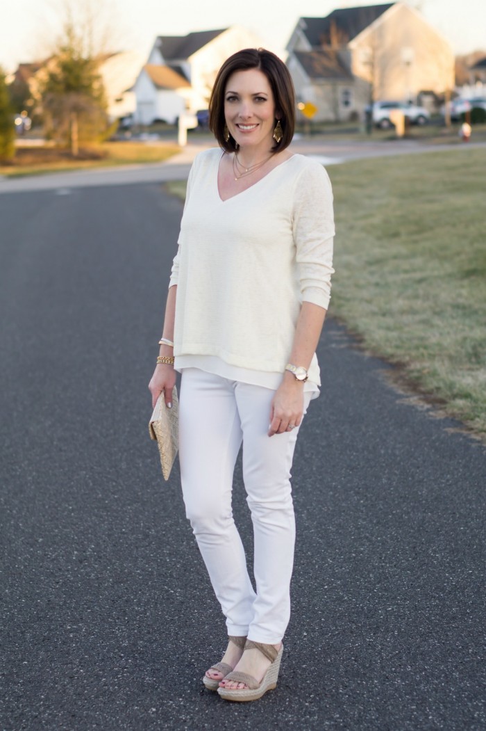 Spring Outfit Inspiration: Pastel Yellow with White Skinnies & Neutral Wedge Sandals