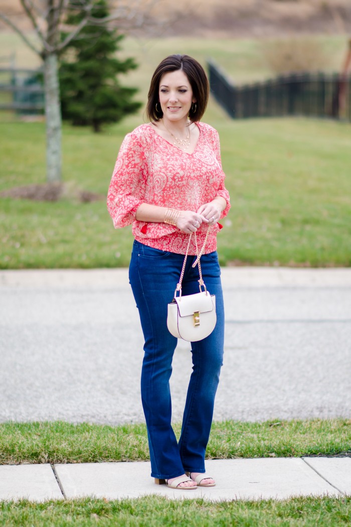 Spring Style: Coral Banded Top with Baby Bootcut Jeans and Payless Romeo Block Heel Sandal #PaylessforStyle