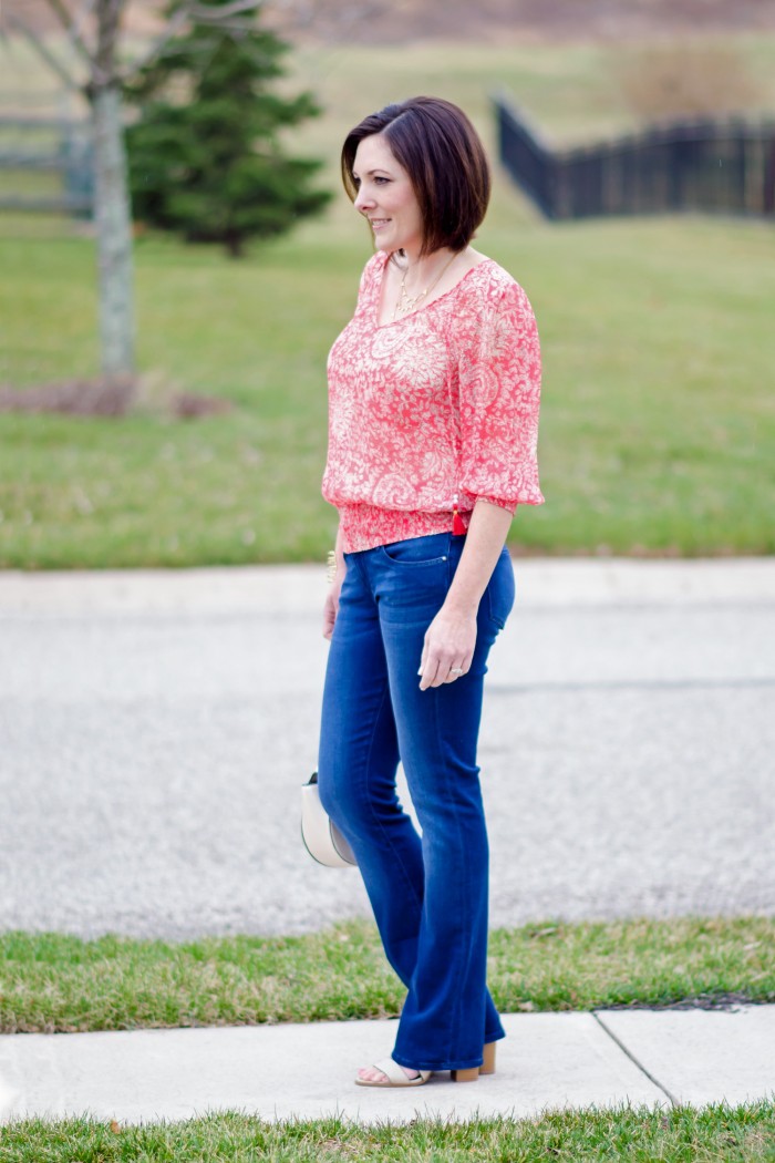 Fashion Over 40: Coral Banded Top with Bootcut Jeans and Payless Romeo Block Heel Sandal #PaylessforStyle