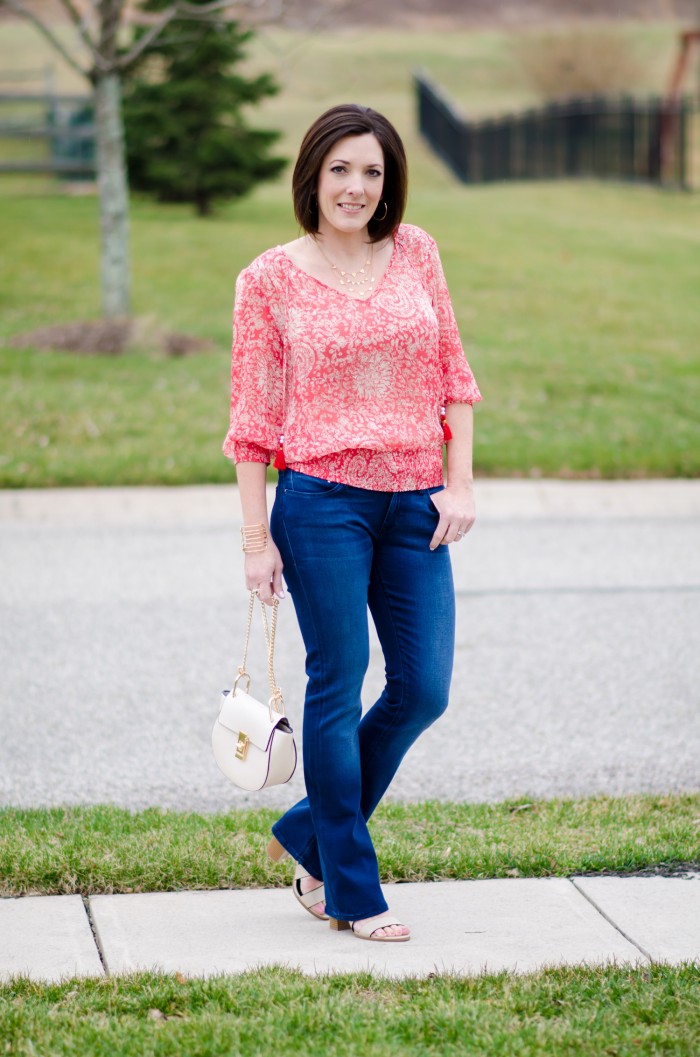 Fashion Over 40: Coral Banded Top with Baby Bootcut Jeans and Payless Romeo Block Heel Sandal #PaylessforStyle