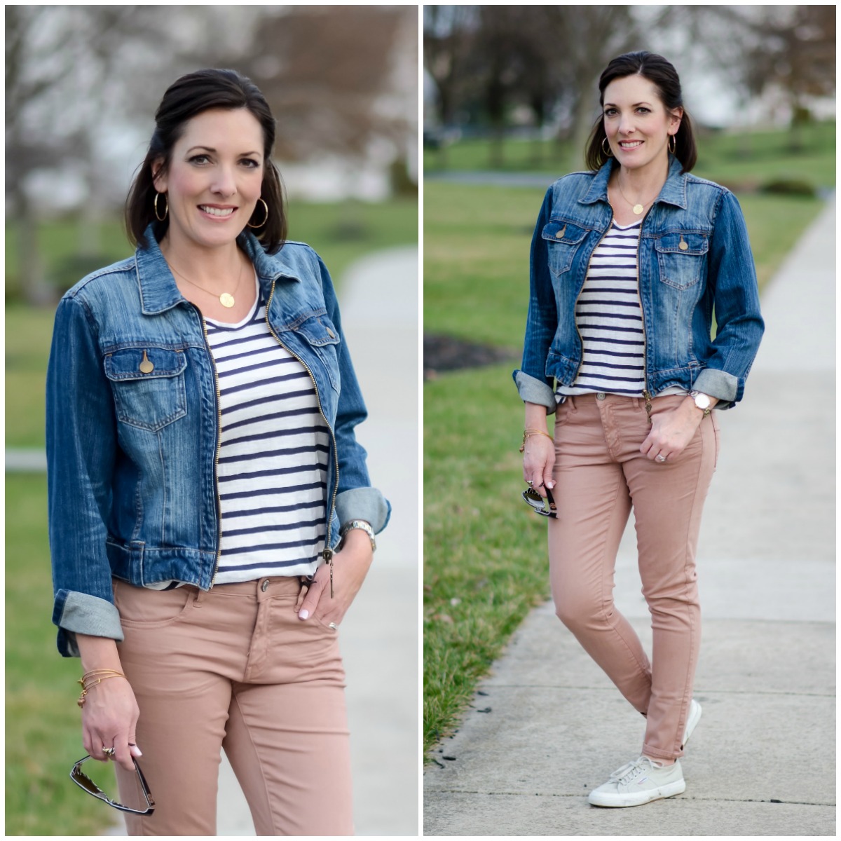 Spring Outfit Inspo: Blush Jeans with Denim Jacket