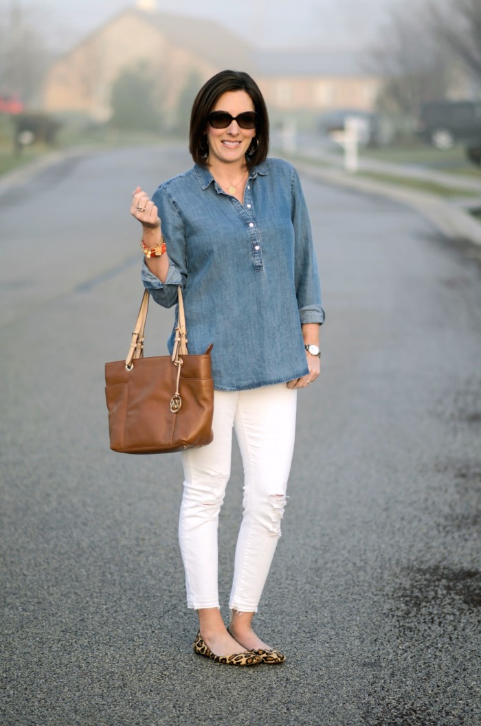 Spring Outfit Inspo: Chambray & White with Leopard Flats