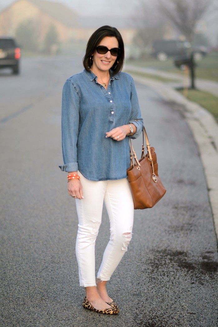 Chambray shirt, white distressed ankle skinnies, and leopard ballet flats!