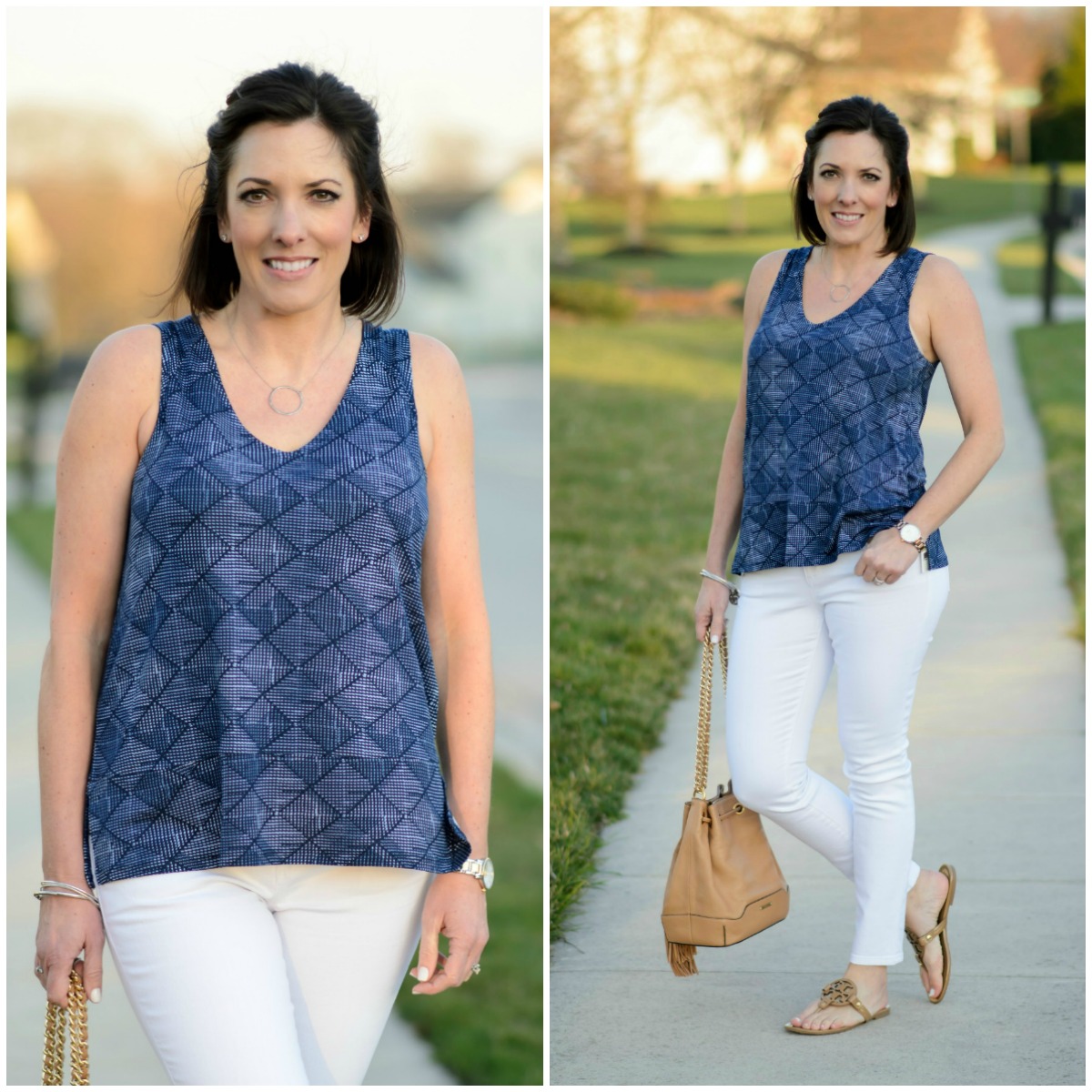 Blue Print Tank with White Jeans
