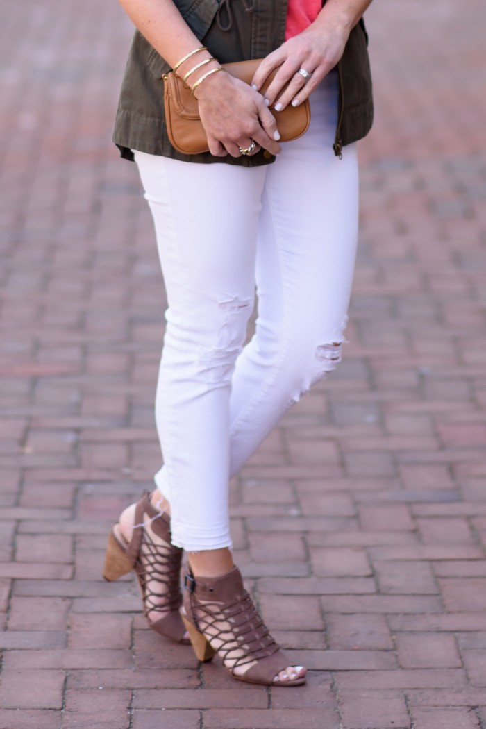 Vince Camuto 'Evel' Leather Sandal + J Brand Low Rise Crop Jeans (Demented White Distressed)