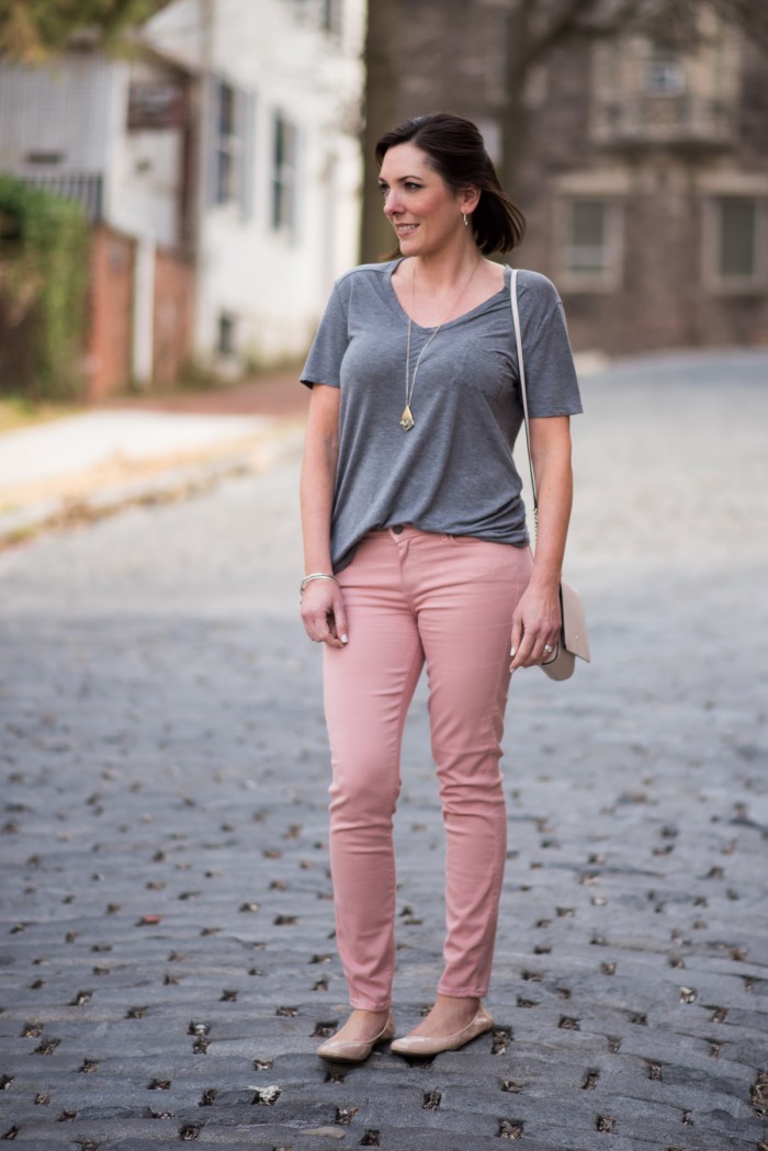 Spring Style Inspiration: Pink + Grey featuring Pale Pink Paige Verdugo Skinny Jeans and grey T by Alexander Wang