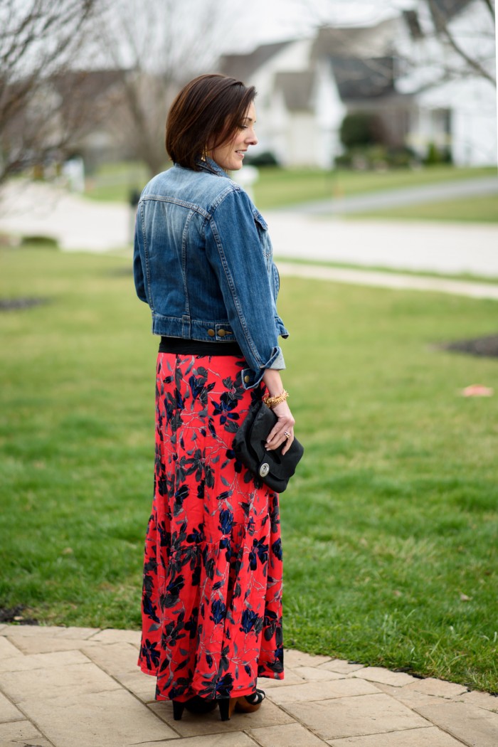 Boho Chic: Red Floral Maxi Skirt with Black Tee and Denim Jacket Back View