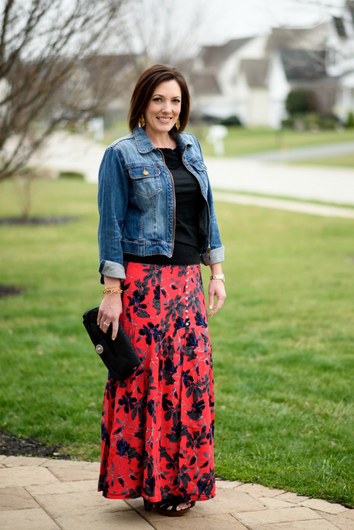 Boho Chic: Red Floral Maxi Skirt with Black Tee and Denim Jacket