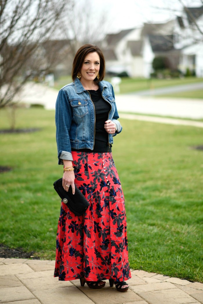 Boho Chic: Red Floral Maxi Skirt with Black Tee and Denim Jacket