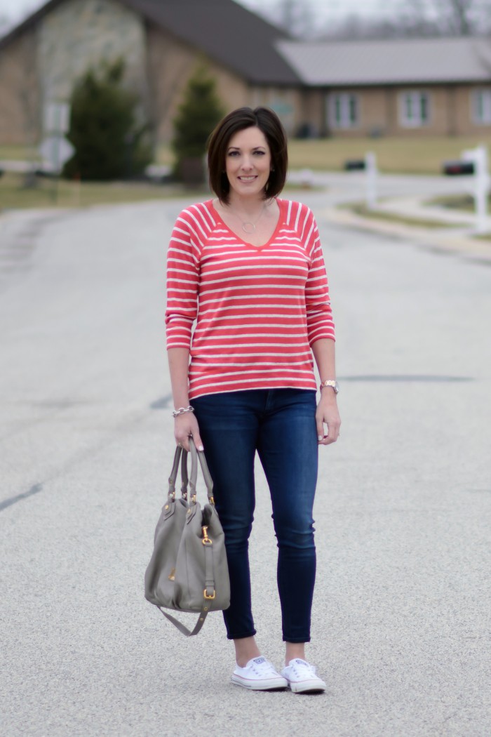 Casual Spring Fashion: Striped V-Neck Pullover, Cropped Skinnies & Converse