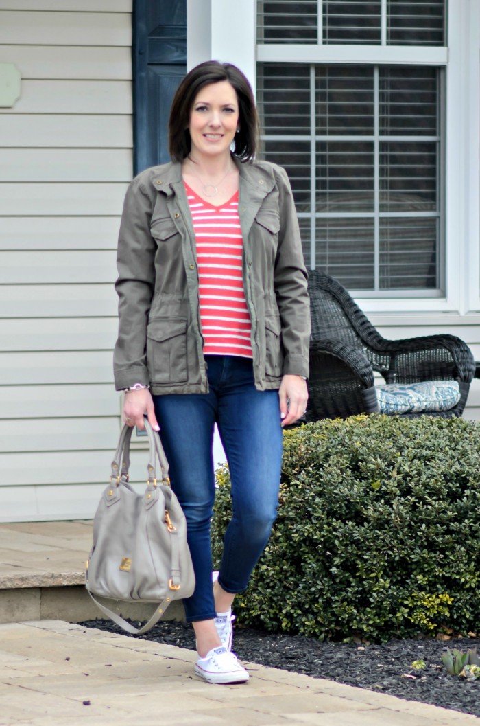 Fatigue Jacket with Striped V-Neck Pullover, Cropped Skinnies & Converse for Spring