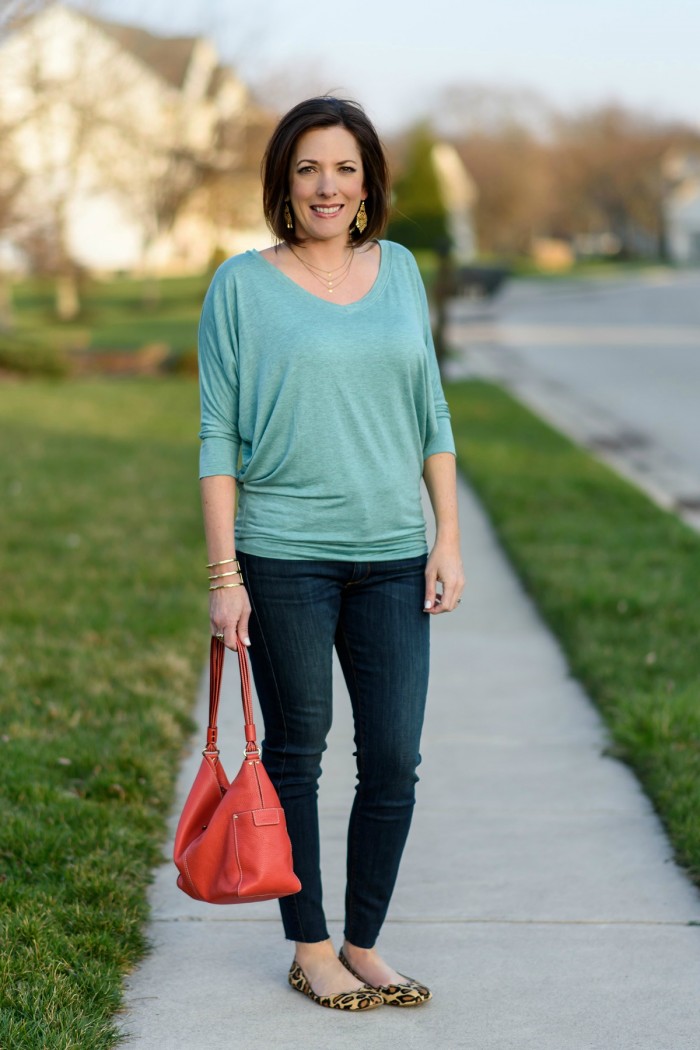Easy breezy spring outfit featuring seafoam green dolman top and Black Orchid released hem ankle skinnies, both via @stitchfix. Add a coral bag and leopard flats and gold accessories for a complete outfit! Spring Outfit Ideas by  Jo-Lynne Shane