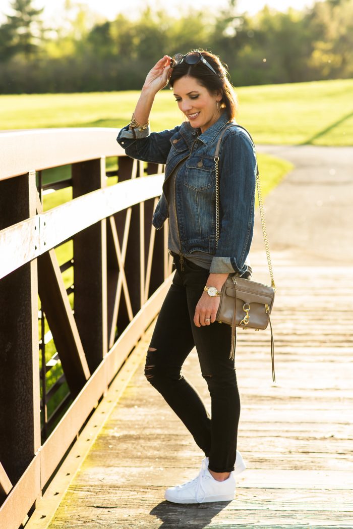 This is how to rock the athleisure trend: Adidas Superstars, distressed black jeans, grey tee and a denim jacket.