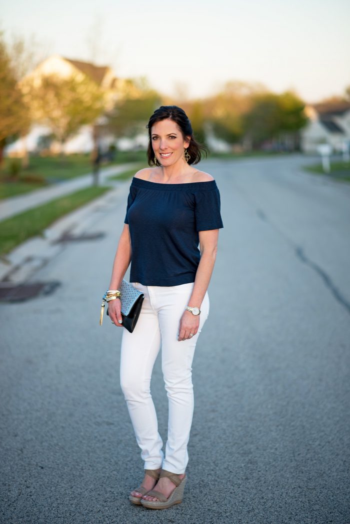 Fashion Over 40: off the shoulder top with white jeans and wedge sandals