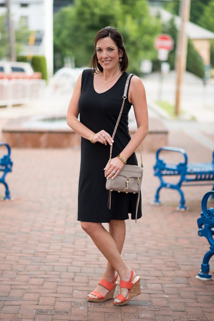 Fashion for Women Over 40: Casual Black Dress Outfit with Orange Wedge Sandals