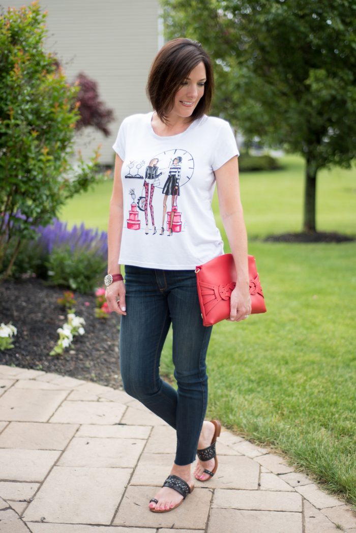 A summer outfit featuring HSN's Alice Through The Looking Glass Collection: Adventures in Wonderland Tee with Vince Camuto Leather Time Clutch & Leather Toe Ring Flat Sandals, and Roberto Pavé Station Multi-Row 7″ Cord Bracelet. 