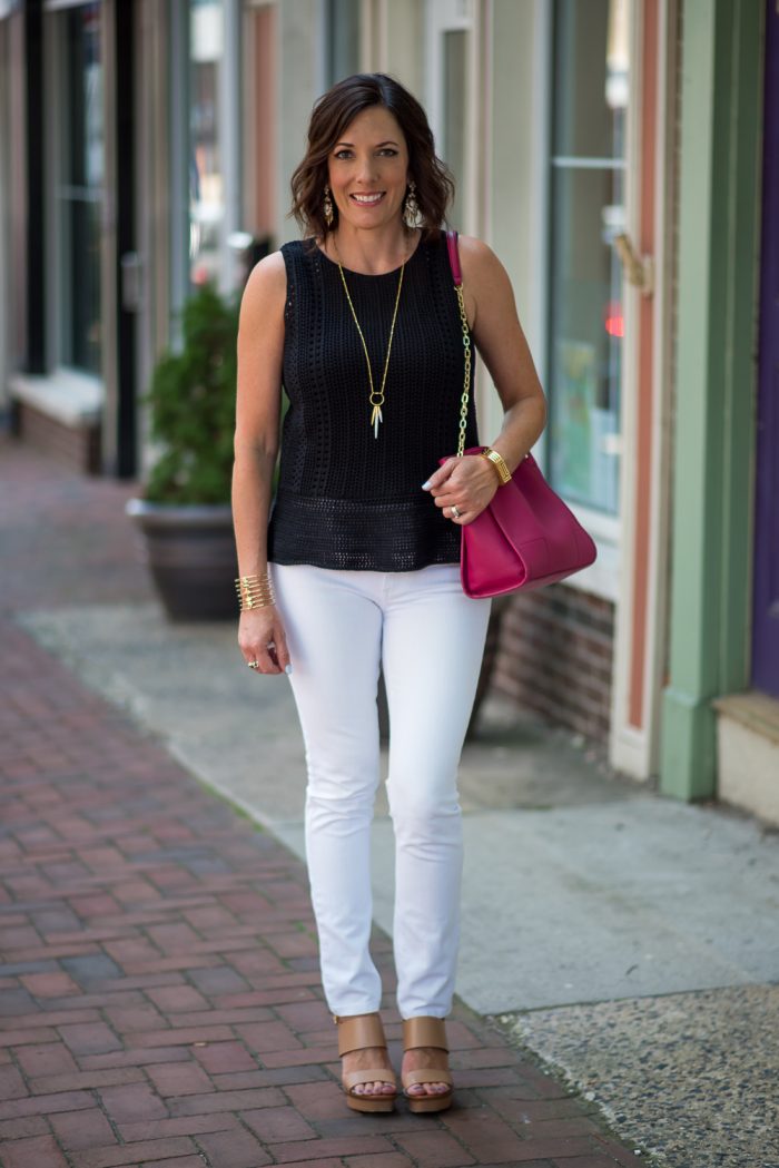 Black Peplum Sweater + White Jeans | Jo-Lynne Shane