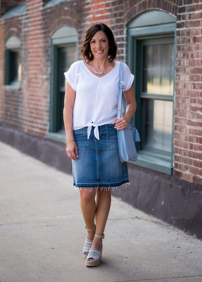 This denim and white outfit with Marc Fisher Adalyn espadrille wedges is the perfect fresh and easy look for summer.
