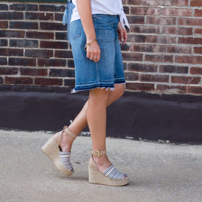 Denim & White Outfit with Patterned Espadrilles