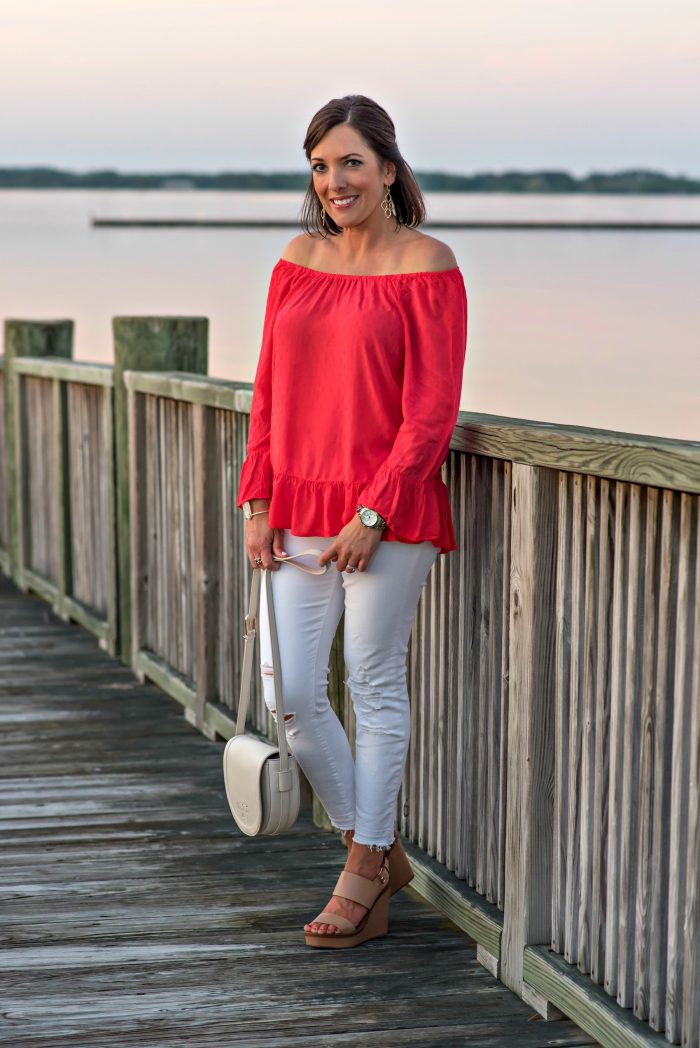 Summer Date Night Outfit: Embroidered Off the Shoulder Top with white distressed J.Brand jeans and Tory Burch Lexington Sandals